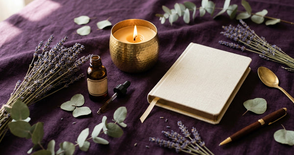 Serene self-care flat lay with candle, lavender, journal, and eucalyptus on deep purple linen - Sexual Wellness After Menopause