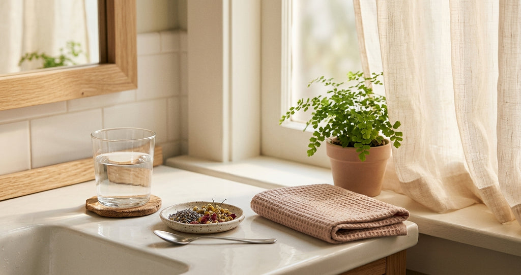 Soft morning light on a wellness-inspired bathroom countertop with botanicals, cotton towel, and a glass of water — representing a gentle intimate wellness routine
