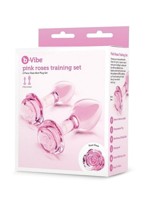 B Vibe Pink Roses Glass Butt Plug Training - 2pc/Set
