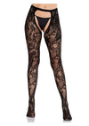 Eyelet Rose Lace Crotchless Tights with Cheeky Open Back