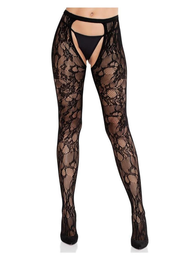 Eyelet Rose Lace Crotchless Tights with Cheeky Open Back - Black - One Size