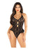 Floral Lace Halter Bodysuit with Mini Bow and Flutter Accent - Black - One Size