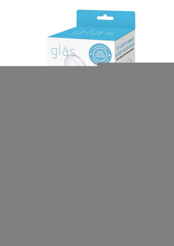 Glas Girthy Ribbed G-Spot Glass Dildo with Handle Grip Double End - Clear - 12in