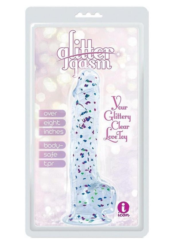 Glittergasm Realistic Clear Dildo with Balls and Suction Cup - Red/Orange/Golden Glitter - Gold/Orange/Red