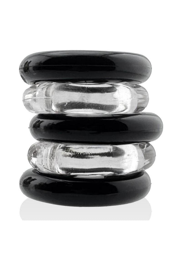 Hunkyjunk Jacker 5 Stack Super-Strong Cockrings - Black/Clear - 5 Pack