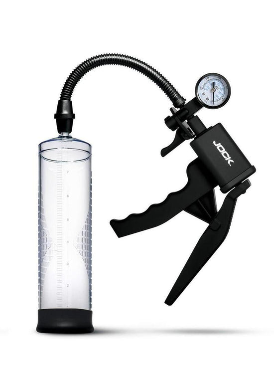 Jock Pump Up Penis Pump with Gauge and Trigger Handle - Black/Clear