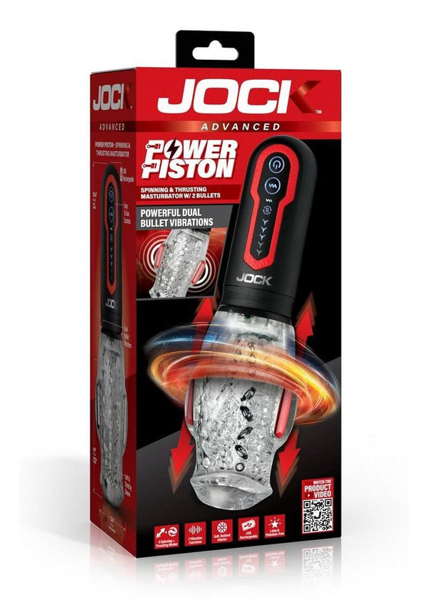 Jock Spinning and Thrusting Rechargeable Masturbator with 2 Bullets - Black/Clear/Red