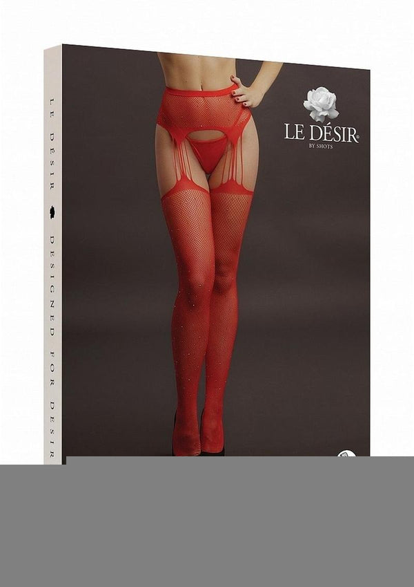 Le Desir Suspender Rhinestone Pantyhose - Red - One Size