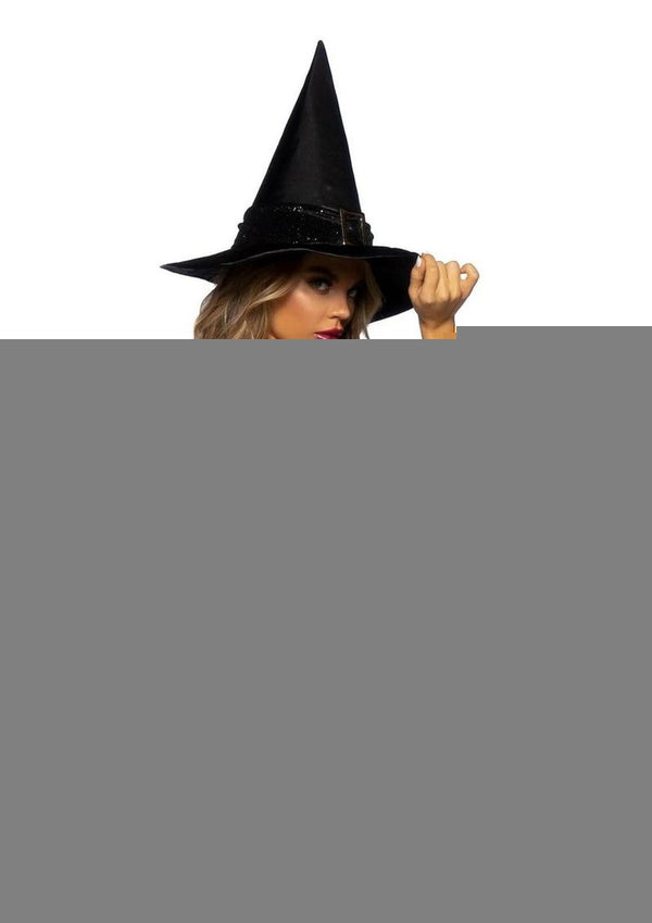 Leg Avenue Broomstick Babe Bodysuit with Lace Up Deep-V and Waist Cincher Buckle Accent, Attached Garters, and Witch Hat
