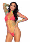 Leg Avenue Fence Net Snap Crotch Long Sleeved Bodysuit - Multicolor/Rainbow - One Size