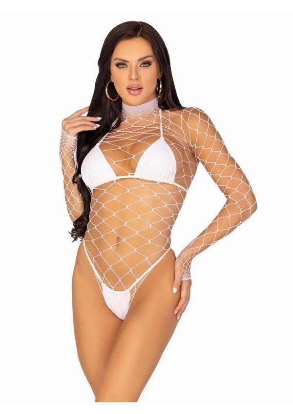 Leg Avenue Fence Net Snap Crotch Long Sleeved Bodysuit - White - One Size