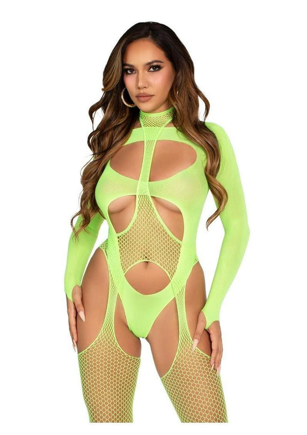 Leg Avenue Fishnet Halter Suspender Bodystocking and Layered Opaque Cut-Out Teddy - Green - One Size - 2 Piece