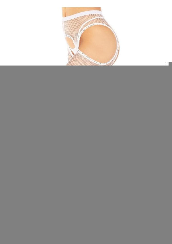 Leg Avenue Fishnet Suspender Hose with Scalloped Trim - White - One Size