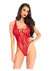 Leg Avenue Floral Lace Thong Teddy with Lace Up Front and Adjustable Cross Over Back Straps - Red - One Size