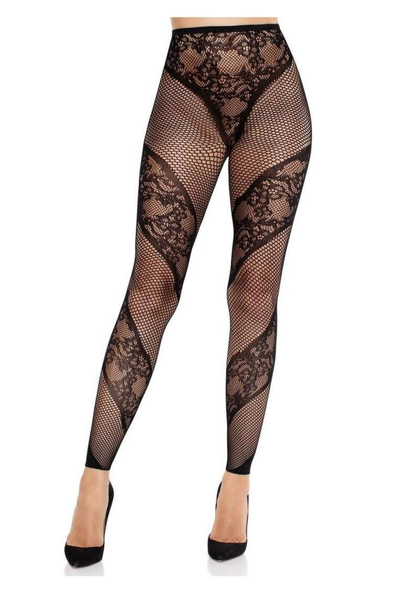 Leg Avenue Lace and Net Illusion Footless Tights - Black - One Size