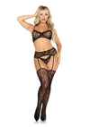 Leg Avenue Lace Bra Top with Mini Bow Detail V-Front G-String and Garter Belt Stockings