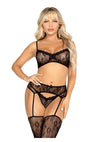 Leg Avenue Lace Bra Top with Mini Bow Detail V-Front G-String and Garter Belt Stockings - Black - One Size