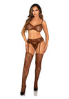 Leg Avenue Lace Bra Top with Mini Bow Detail, V-Front G-String, and Garter Belt Stockings - Cocoa