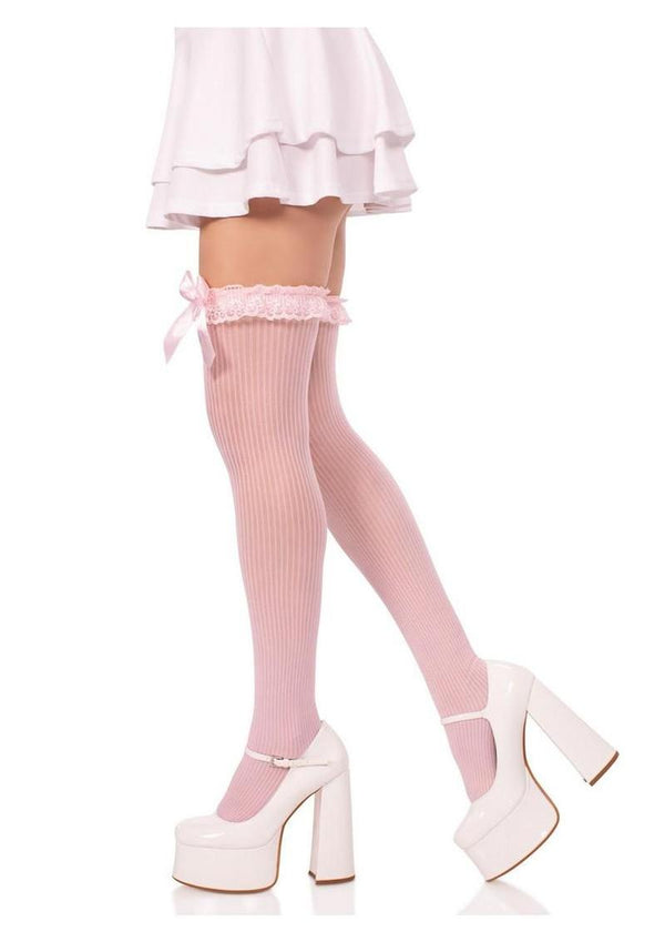 Leg Avenue Lace Garter Sheer Striped Thigh Highs with Satin Bow Accent - Light Pink - One Size