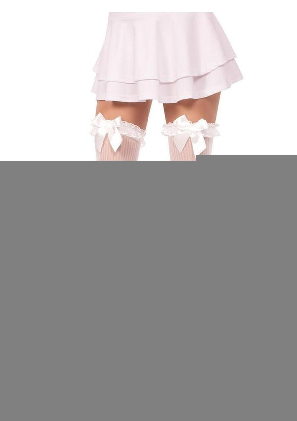 Leg Avenue Lace Garter Sheer Striped Thigh Highs with Satin Bow Accent - White - One Size