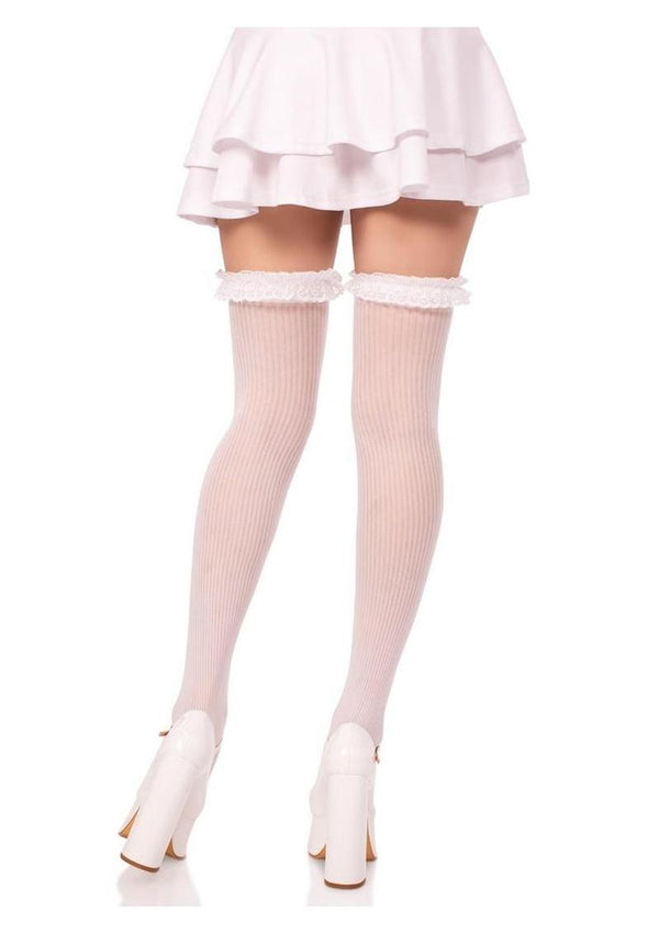Leg Avenue Lace Garter Sheer Striped Thigh Highs with Satin Bow Accent