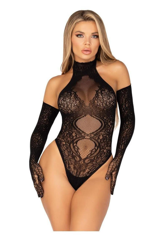 Leg Avenue Lace Halter Teddy and Matching Long Lace Gloves - Black - One Size - 2 Piece