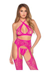 Leg Avenue Lace Open Cup Cross-Over Bra Top Crotchless Panty and Garter Belt Stockings (3 Piece) - Os - Magenta