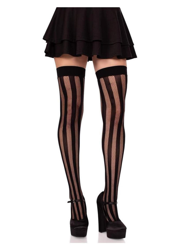 Leg Avenue Net and Opaque Striped Thigh Highs - Black - One Size