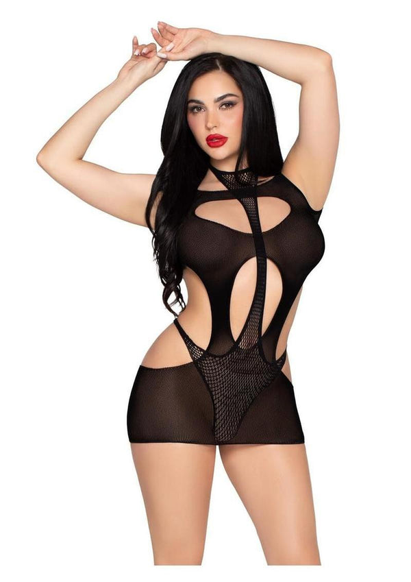 Leg Avenue Opaque Cut-Out Mini Dress and Layered Fishnet Halter Teddy - Black - One Size - 2 Piece