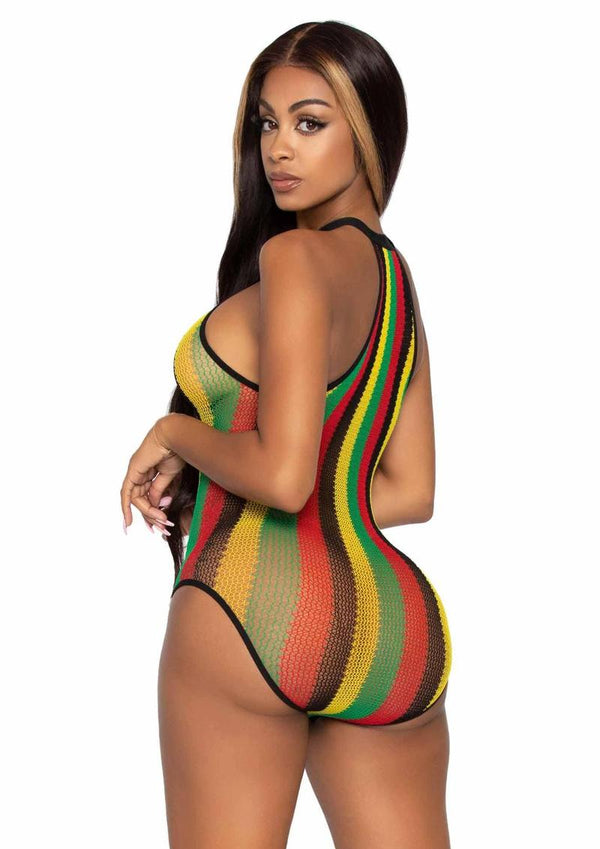 Leg Avenue Rasta Net Snap Crotch Racer Back Bodysuit - Multicolor - One Size