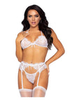 Leg Avenue Rhinestone Eyelash Lace Bra Top Garter Belt and G-String - White - Large - 3 Pieces