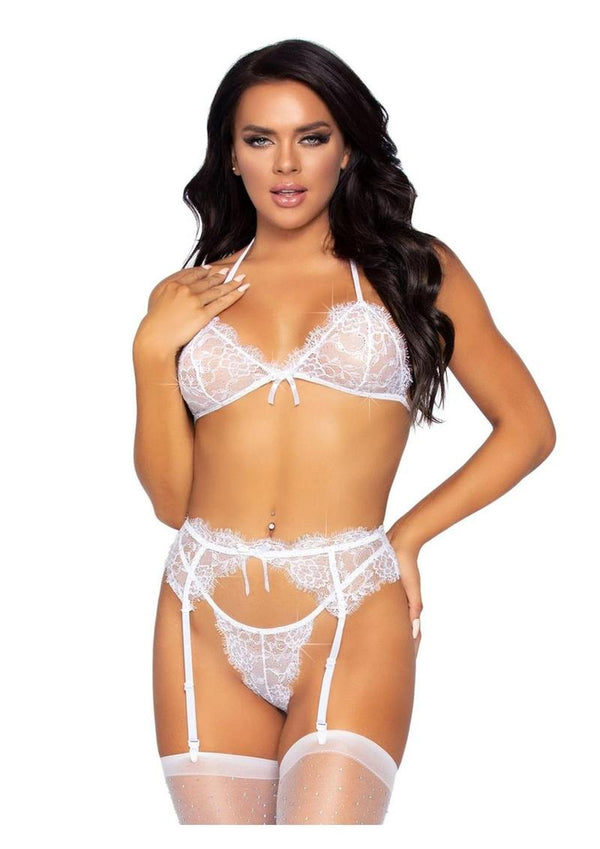 Leg Avenue Rhinestone Eyelash Lace Bra Top Garter Belt and G-String - White - Large - 3 Pieces