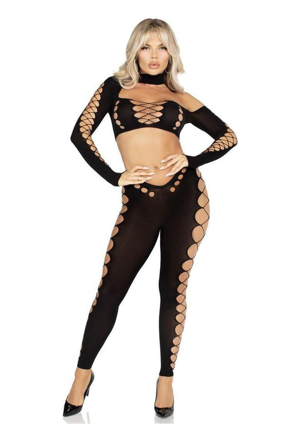 Leg Avenue Seamless Asymmetrical Cut Out Crop Top and Footless Tights