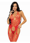 Leg Avenue Seamless Heart Net Suspender Bodystocking - Red - One Size