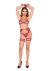 Leg Avenue Shimmer Net Bra Top, G-String Panty, Garter Harness and Wrist Ties