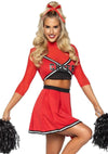 Leg Avenue Varsity Babe Set Crop Top with Cheer Logo, Pleated Skirt, and Pom Poms - Red - XSmall - 3 Piece