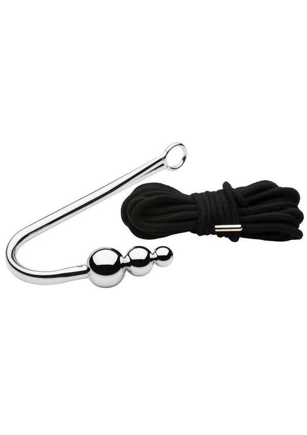 Master Series Roped Beaded Anal Hook with Rope - Black/Silver