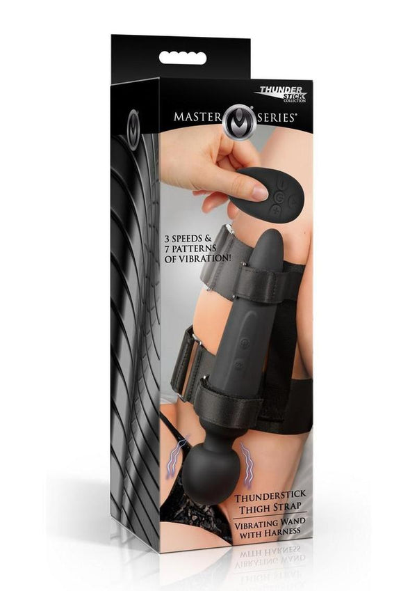 Master Series Thunderstick Thigh Strap Rechargeable Vibrating Wand with Harness - Black