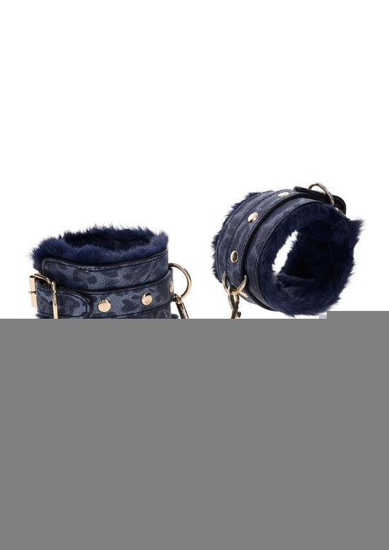 Sex and Mischief Cougar Fur Handcuffs - Blue/Gold/Navy