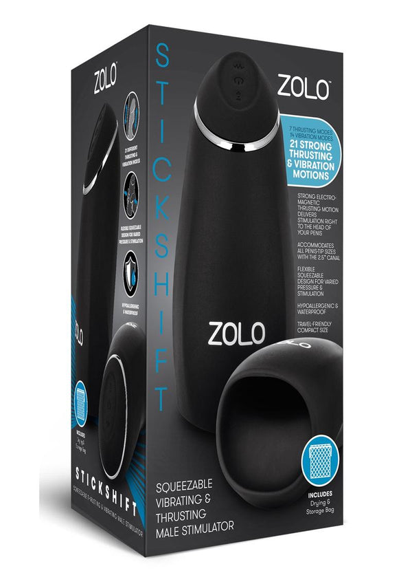 ZOLO Stickshift Squeezable Vibrating and Thrusting Rechargeable Male Stimulator - Black/Silver