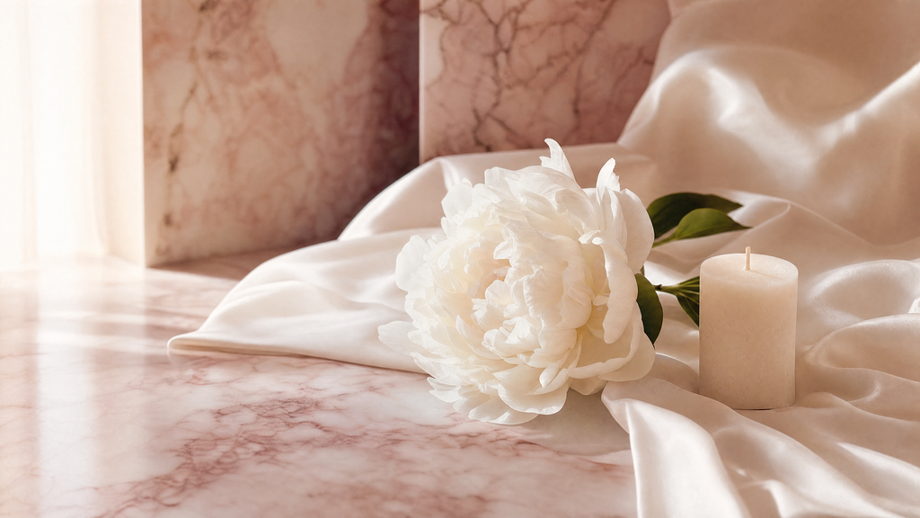 Soft cream silk draped on rose-blush marble with a single white peony and ivory candle — editorial still life representing solo wellness, self-care, and intimate masturbation month research