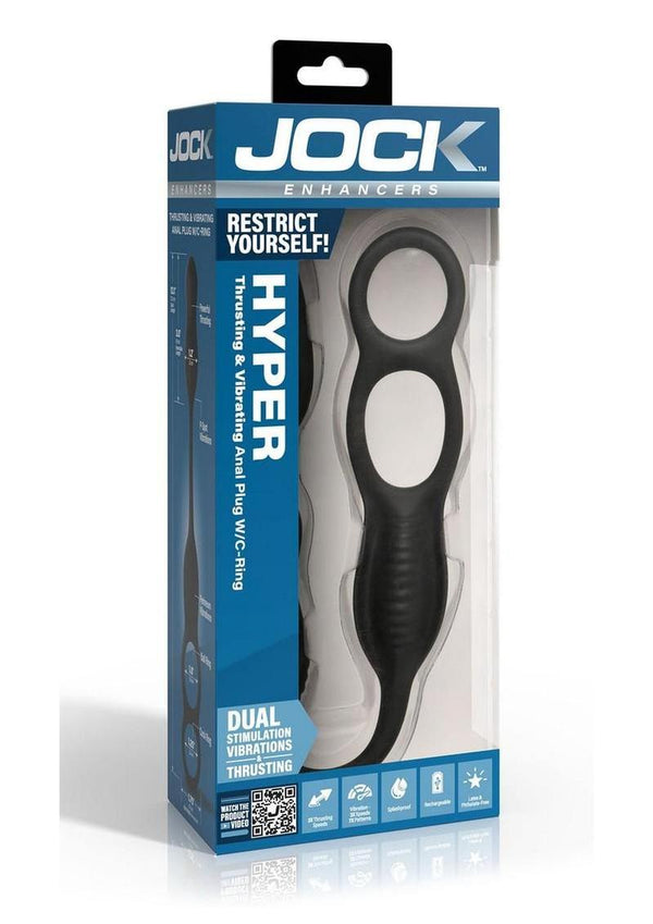 Jock Hyper Thrusting and Vibrating Rechargeable Silicone Anal Plug with C-Ring - Black
