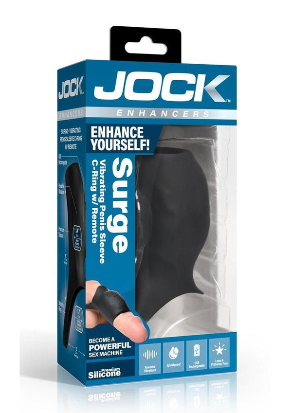 Jock Surge Vibrating Penis Sleeve Rechargeable Silicone Cock Ring with Remote Control - Black