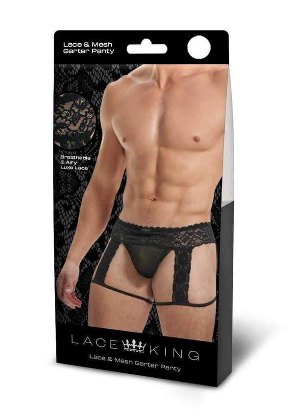 Lace King Men's Lace and Mesh Garter Panty - Black - Large/XLarge
