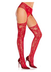 Leg Avenue Bloom Net Stockings with Cut-Out Thigh Detail and Attached Garter Belt - Red - One Size
