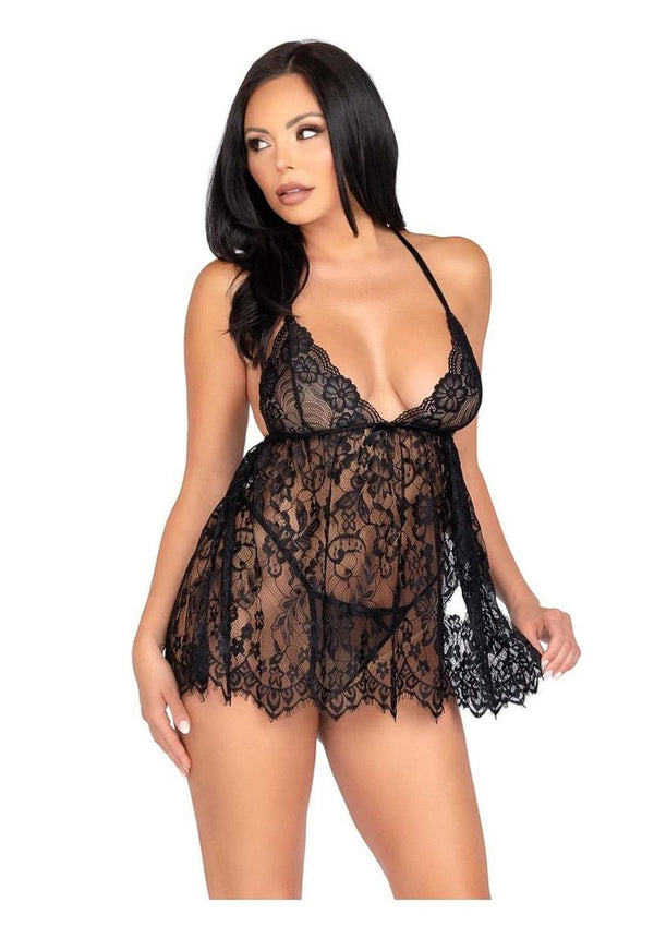 Leg Avenue Floral Lace Babydoll with Eyelash Lace Scalloped Hem Adjustable Cross-Over Straps and G-String Panty - Black - Large