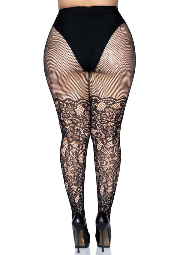 Leg Avenue Floral Vine Net Tights - Plus - Black - Queen