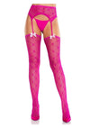 Leg Avenue Heart Lace Trimmed Heart Net Stockings with Attached Garter Belt - Magenta/Red - One Size