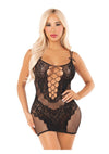 Leg Avenue Lace and Net Mini Dress with Dual Strap Detail - Black - One Size