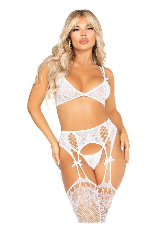 Leg Avenue Lace Bra Top with Dual Strap Detail G-String Panty and Lace Top Garter Belt Stockings - White - One Size